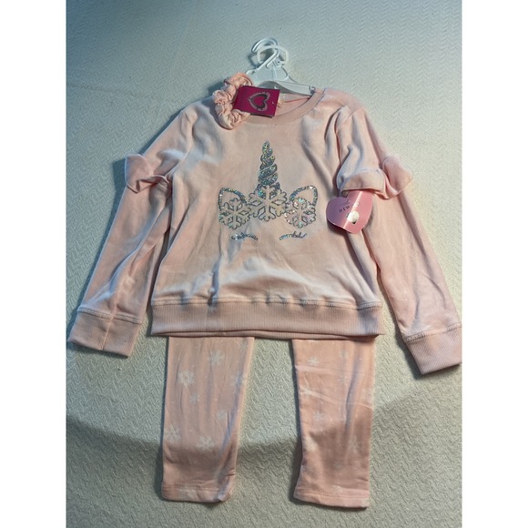 Girls' Btween Pink Unicorn Snowflake Velour Pajama Set with Scrunchie Size 6 - Picture 1 of 10